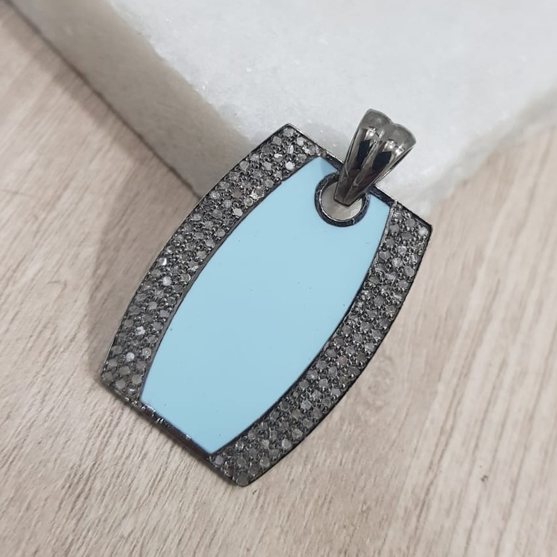 Turquoise And Blue Enamel Gorgeous Pave Diamond Tag Pendant