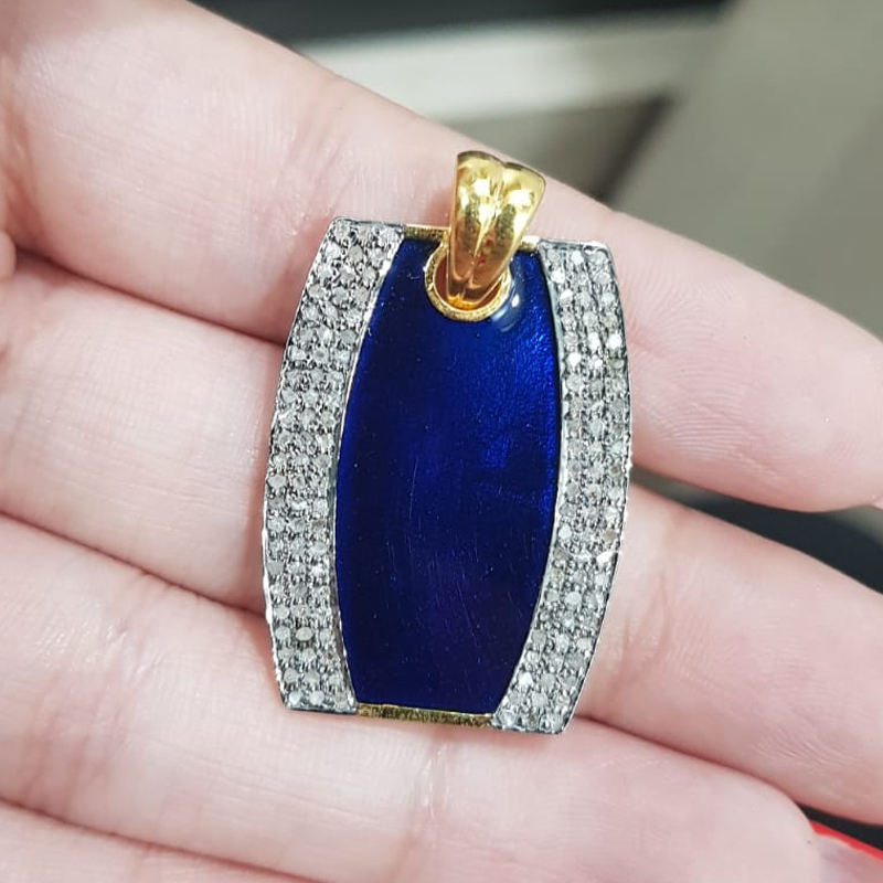 Turquoise And Blue Enamel Gorgeous Pave Diamond Tag Pendant