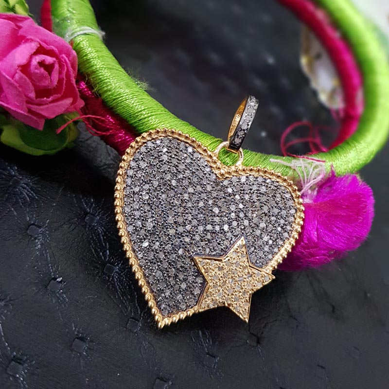 Fully Pave Diamond 925 Sterling Silver Attractive Heart Pendant  Joined Star