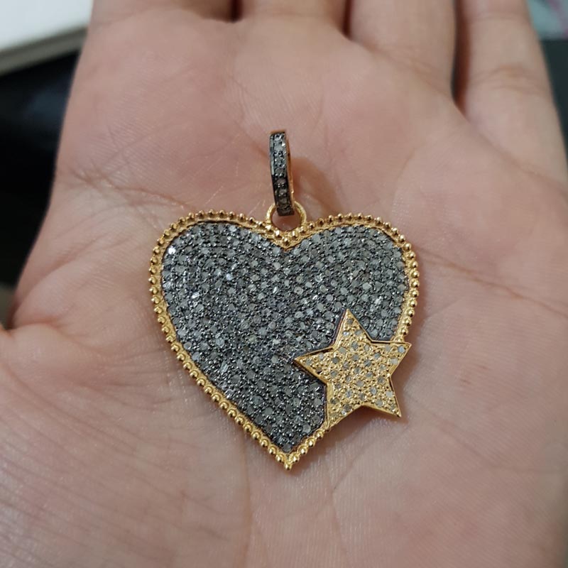 Fully Pave Diamond 925 Sterling Silver Attractive Heart Pendant  Joined Star