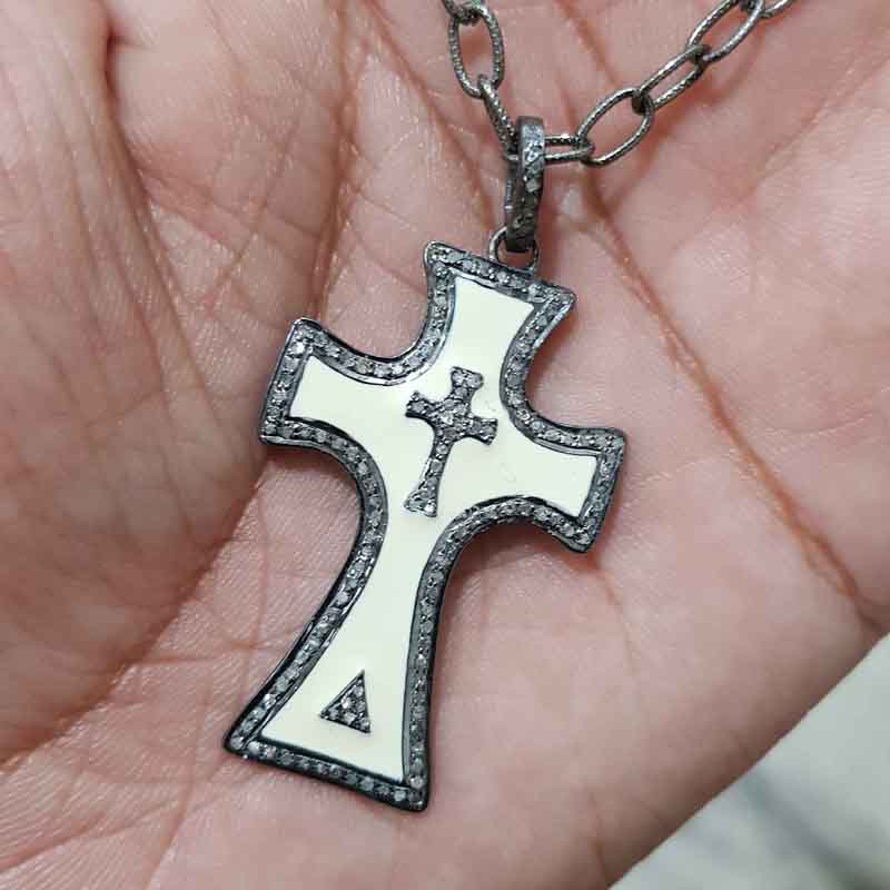 Gorgeous Cross Pendent With Blue And Cream Enamel