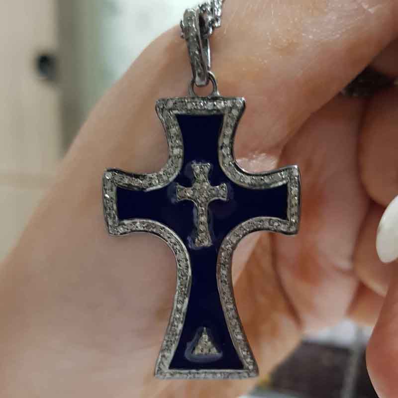 Gorgeous Cross Pendent With Blue And Cream Enamel