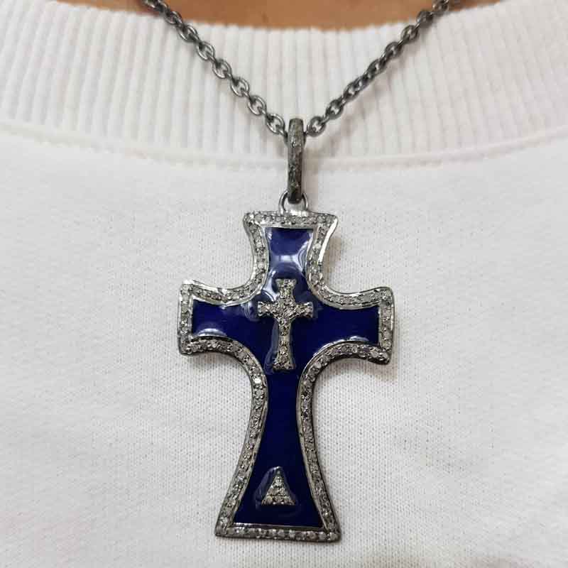 Gorgeous Cross Pendent With Blue And Cream Enamel