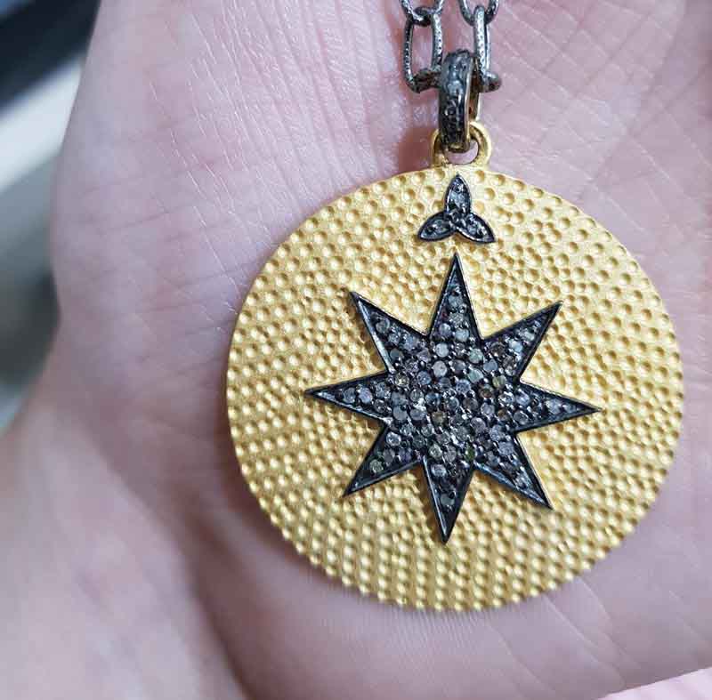 Yellow And Black Round Disk Handmade Designer Pave Diamond Star Pendent