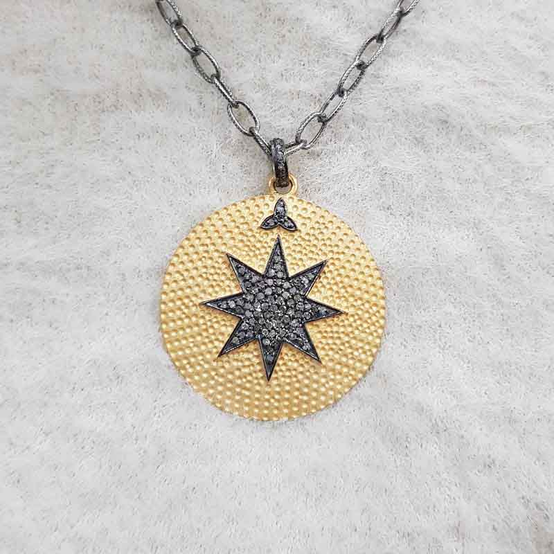 Yellow And Black Round Disk Handmade Designer Pave Diamond Star Pendent