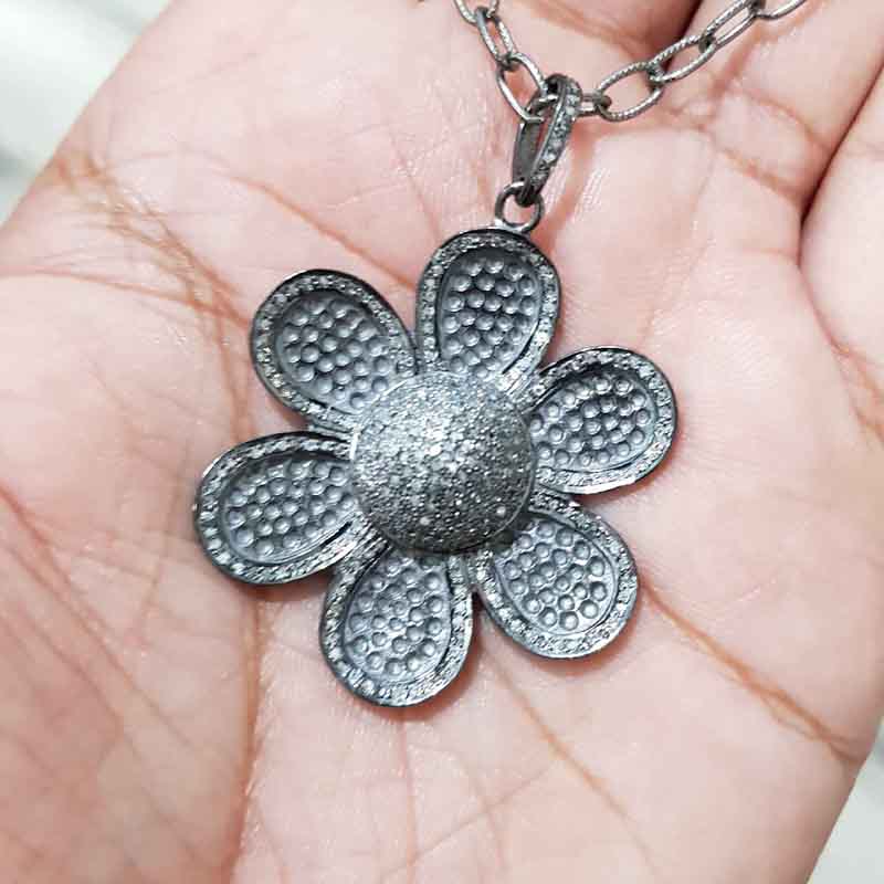 Handmade Style Pave Diamond Flower Pendent