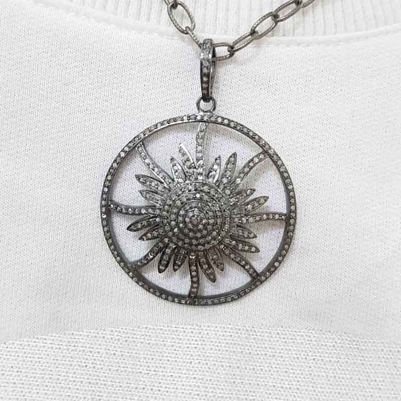 Graceful Pave Diamond Handmade Designer Round Sunburst Pendent