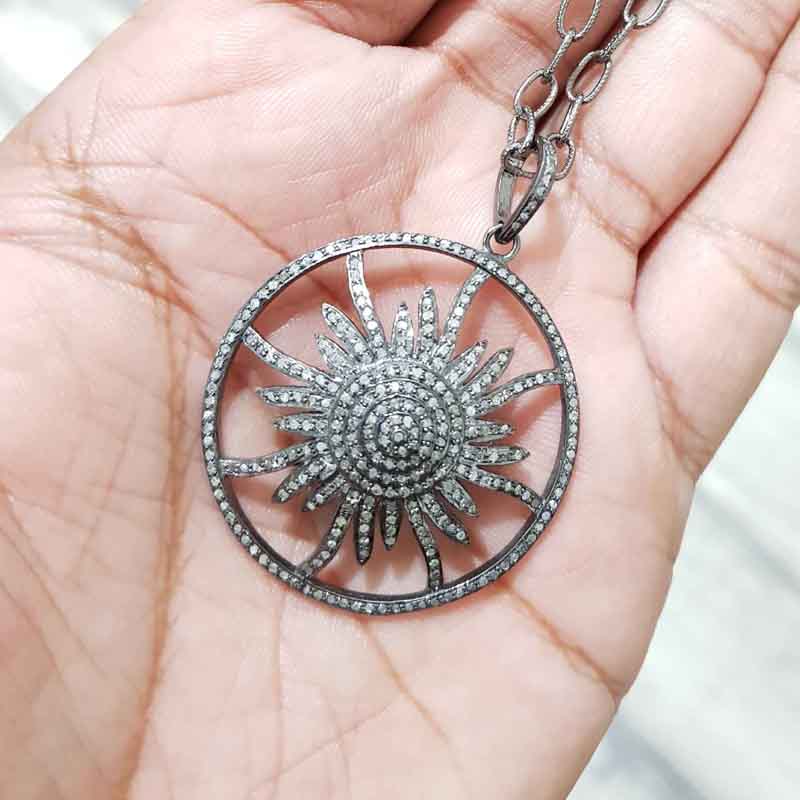 Graceful Pave Diamond Handmade Designer Round Sunburst Pendent