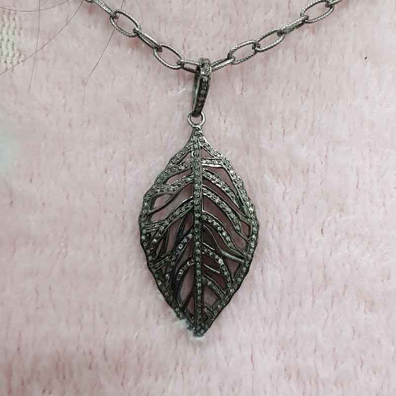 Black Beautiful Leaf Pendent With pave Diamond layers