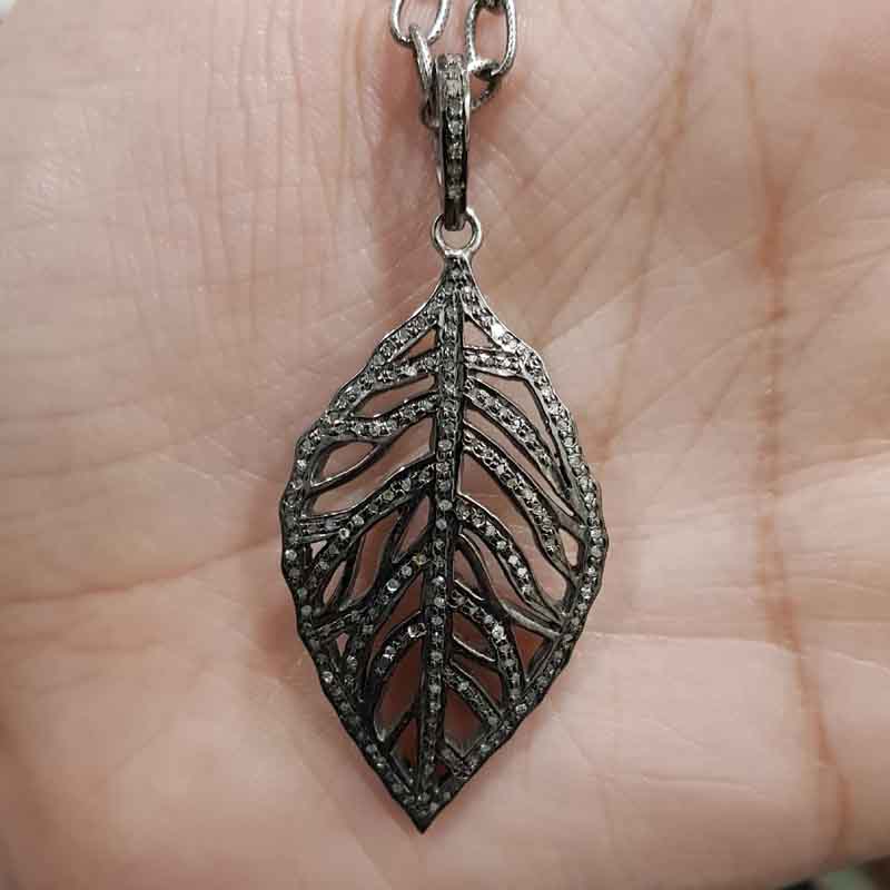 Black Beautiful Leaf Pendent With pave Diamond layers