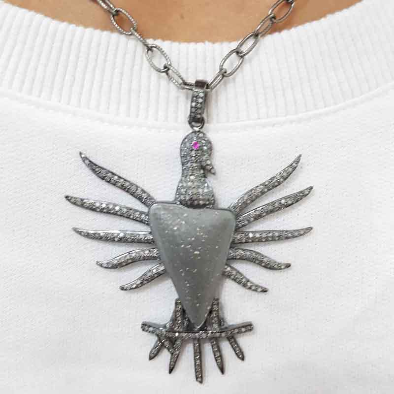 Natural Pave Diamond Matte Finish Bird Pendent