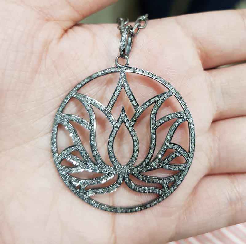 Lotus Flower Pendent With Pave Diamond Layers