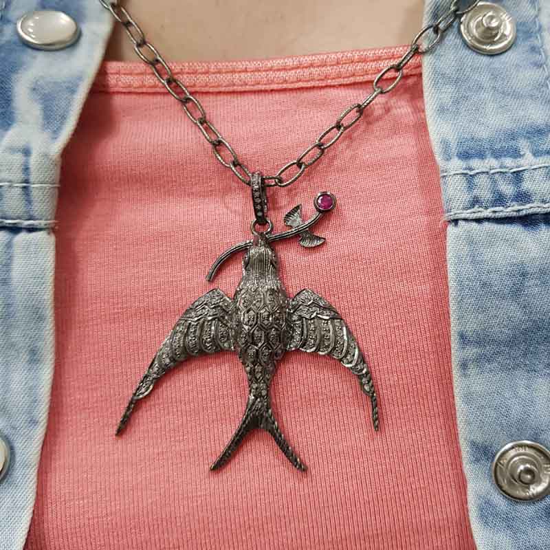 Bird Pendent With Natural Pave diamond Layers And 925 Sterling Silver