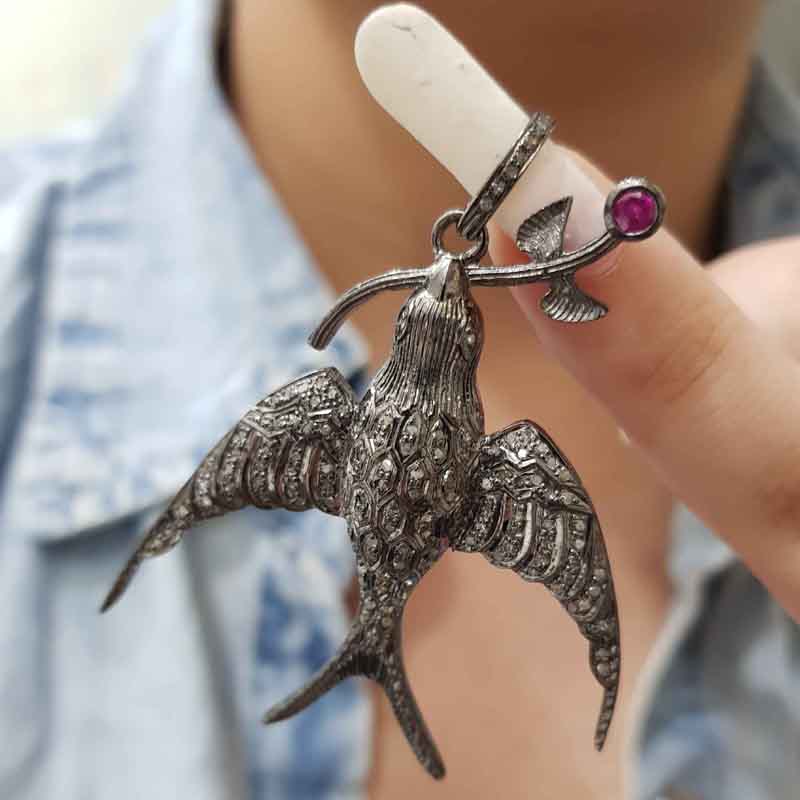 Bird Pendent With Natural Pave diamond Layers And 925 Sterling Silver