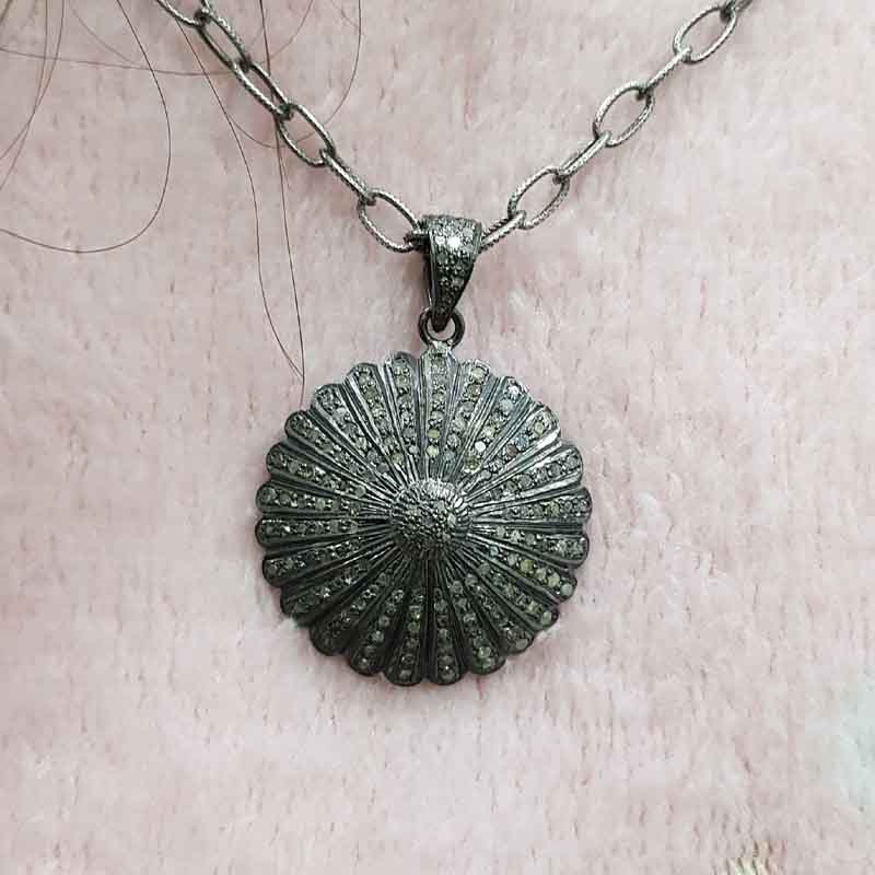 Flower Style Round Designer pave Diamond Silver pendent