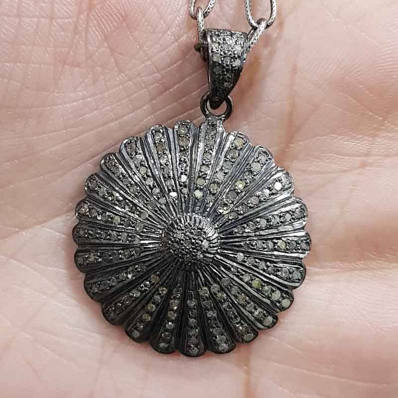 Flower Style Round Designer pave Diamond Silver pendent