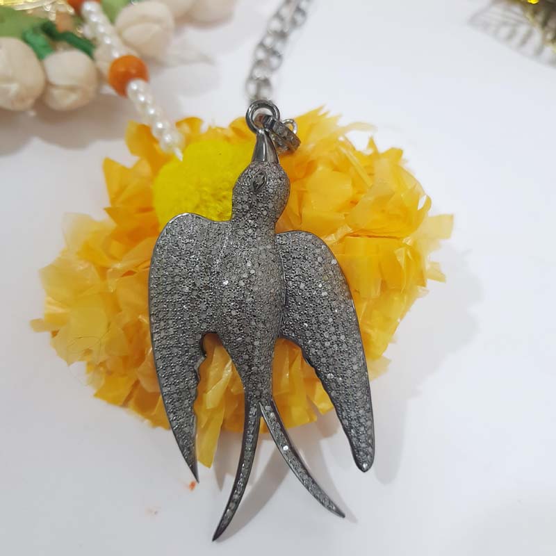 Fancy Designer Handmade Style 925 Sterling Silver Fully Pave Diamond Bird Pendent