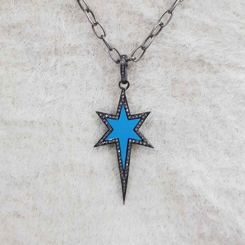 925 Sterling Silver Turquoise Enamel Long Star Pendent