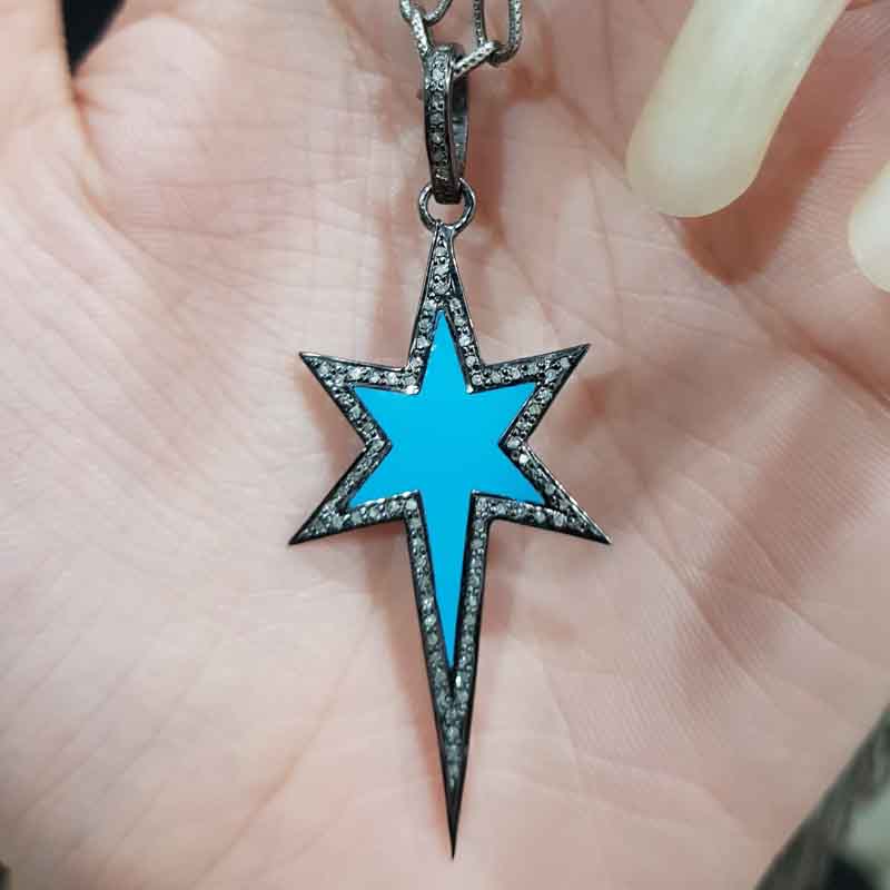 925 Sterling Silver Turquoise Enamel Long Star Pendent