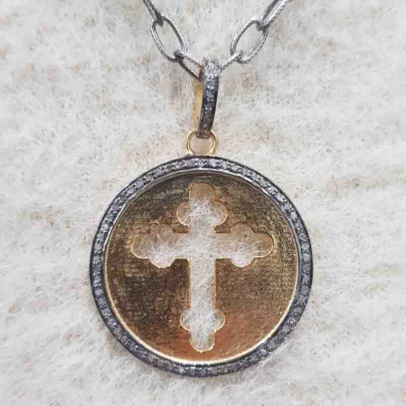 Beautiful Cross Style Round Disk Pendent With Pave Layers