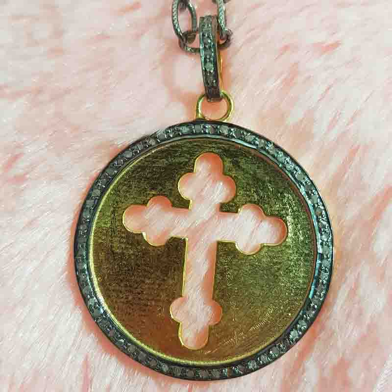 Beautiful Cross Style Round Disk Pendent With Pave Layers