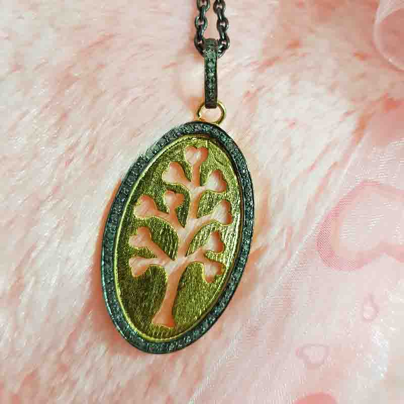 Oval Shaped Pave Diamond Pendent With Glorious Tree