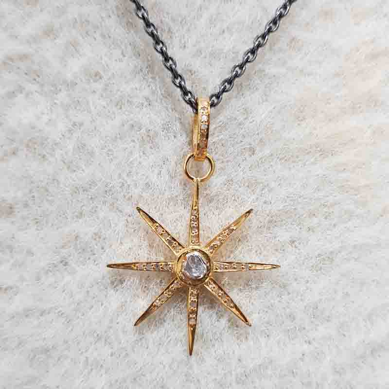 Yellow Beautiful Pave Diamond And Polki Layer Star Pendent