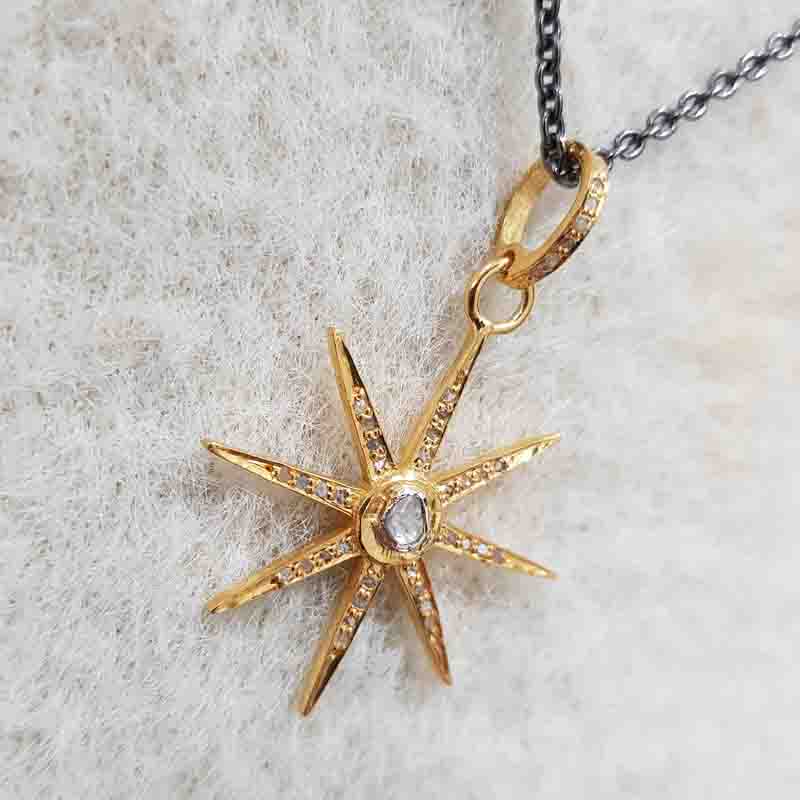 Yellow Beautiful Pave Diamond And Polki Layer Star Pendent