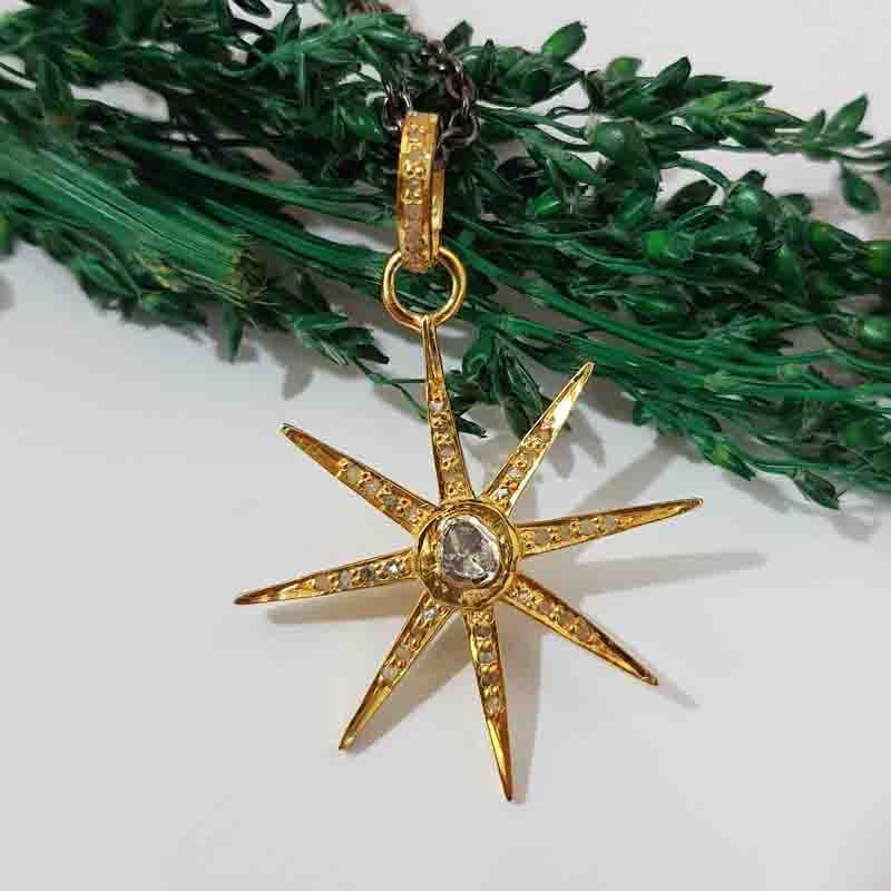 Yellow Beautiful Pave Diamond And Polki Layer Star Pendent