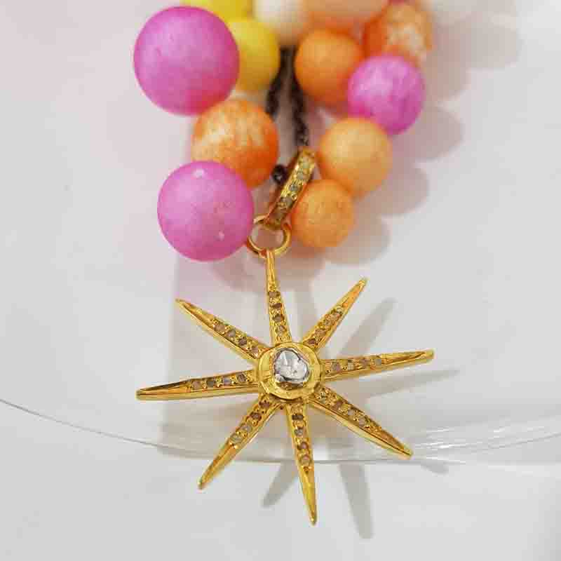 Yellow Beautiful Pave Diamond And Polki Layer Star Pendent