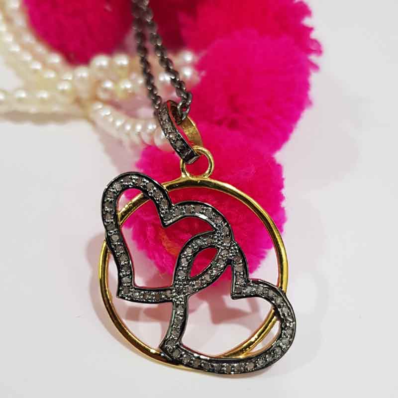 Joined Heart Designer Pave Diamond 925 Sterling Silver Pendent