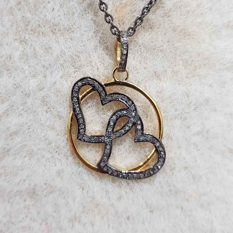 Joined Heart Designer Pave Diamond 925 Sterling Silver Pendent