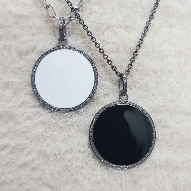 White And Black Enamel Round Disk Pendent With Lave Layers