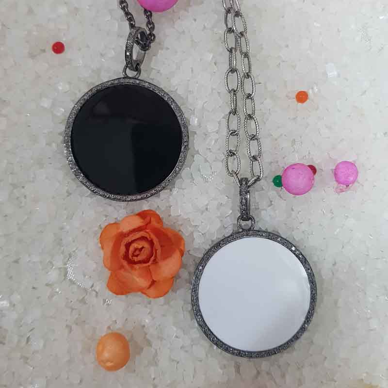 White And Black Enamel Round Disk Pendent With Lave Layers