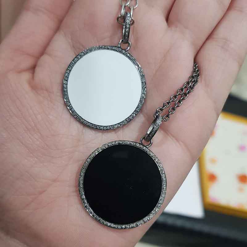 White And Black Enamel Round Disk Pendent With Lave Layers