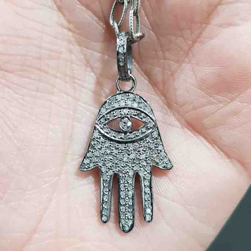 Hamsa Hand With Evil Eye Designer Pave Diamond Pendent