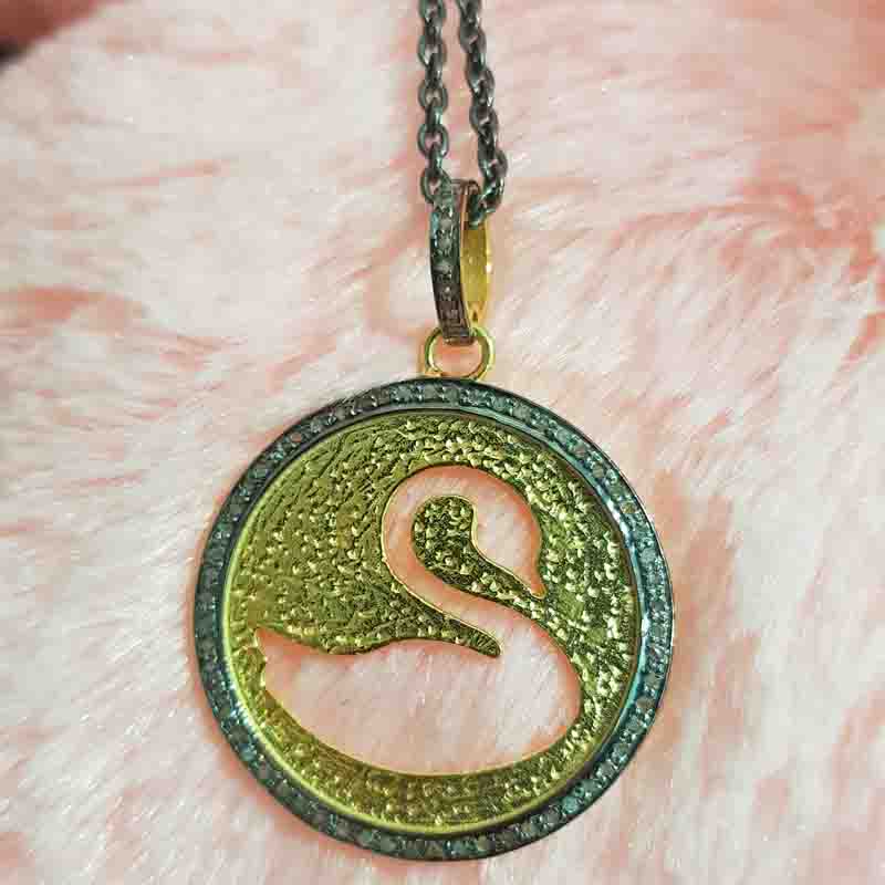 Unique Designer Swan In Round Disk Pendent