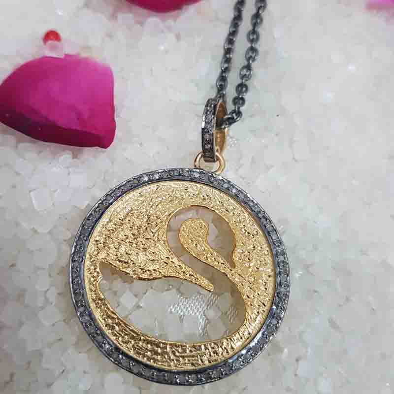 Unique Designer Swan In Round Disk Pendent