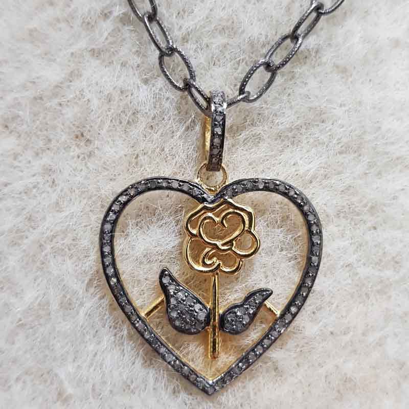 Stunning Pave Diamond Heart With Flower Pendent