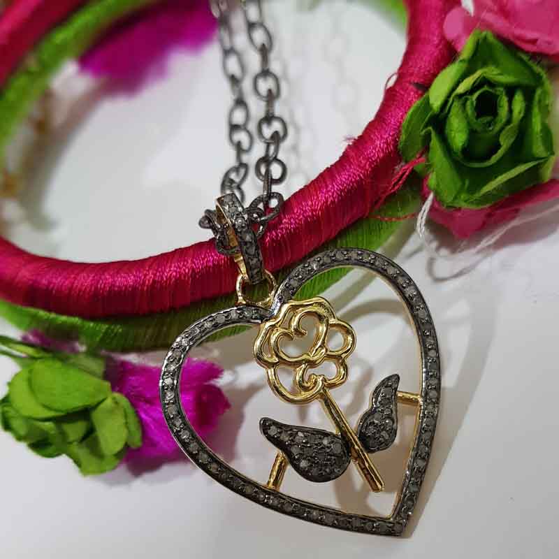 Stunning Pave Diamond Heart With Flower Pendent