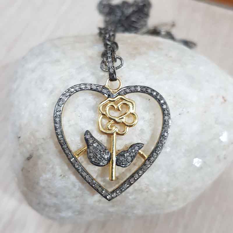 Stunning Pave Diamond Heart With Flower Pendent