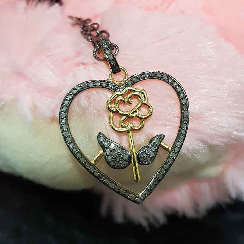 Stunning Pave Diamond Heart With Flower Pendent