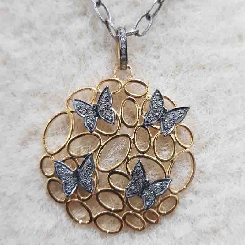 Fancy Designer Round With Pave Diamond Butterfly Pendent