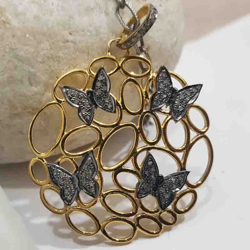 Fancy Designer Round With Pave Diamond Butterfly Pendent