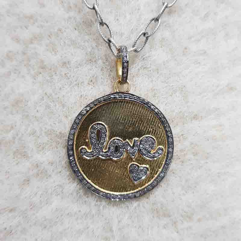 Round Designer Disk With Pave Diamond Love Pendent