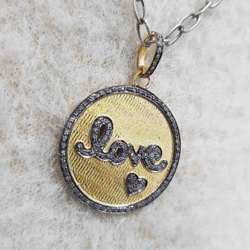 Round Designer Disk With Pave Diamond Love Pendent