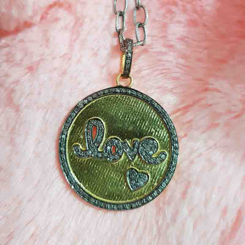 Round Designer Disk With Pave Diamond Love Pendent