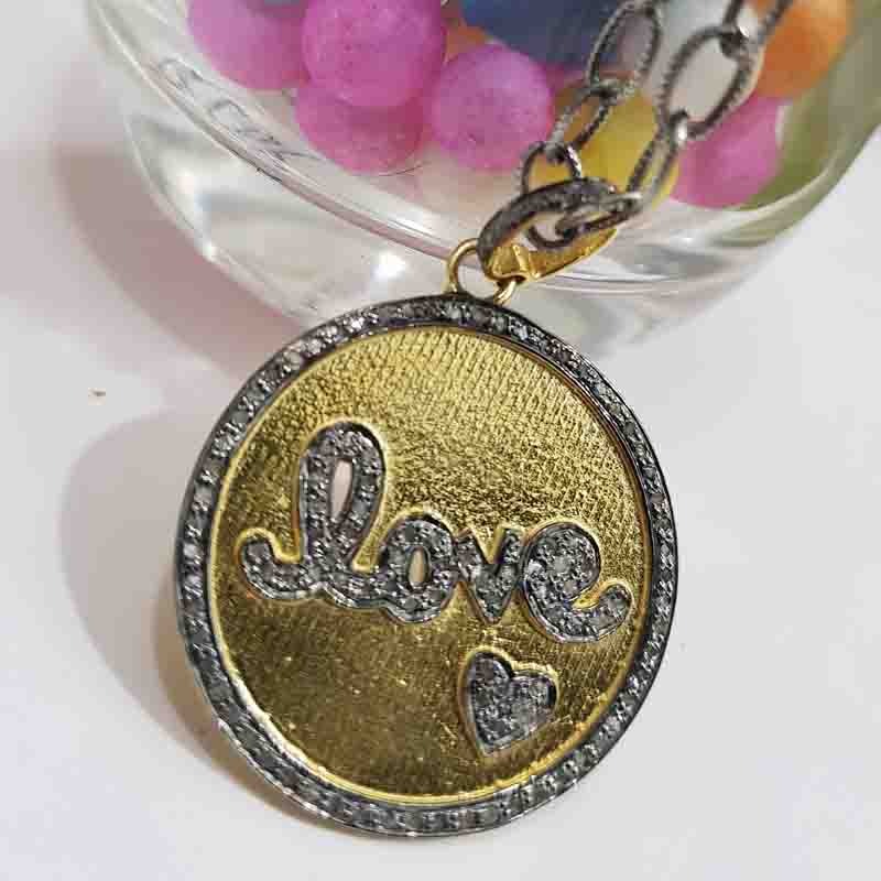 Round Designer Disk With Pave Diamond Love Pendent