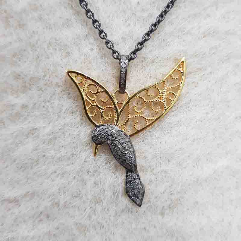 Pave Diamond Sparrow With Beautiful Golden Wings Pendent