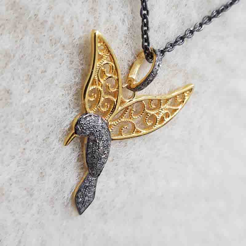 Pave Diamond Sparrow With Beautiful Golden Wings Pendent